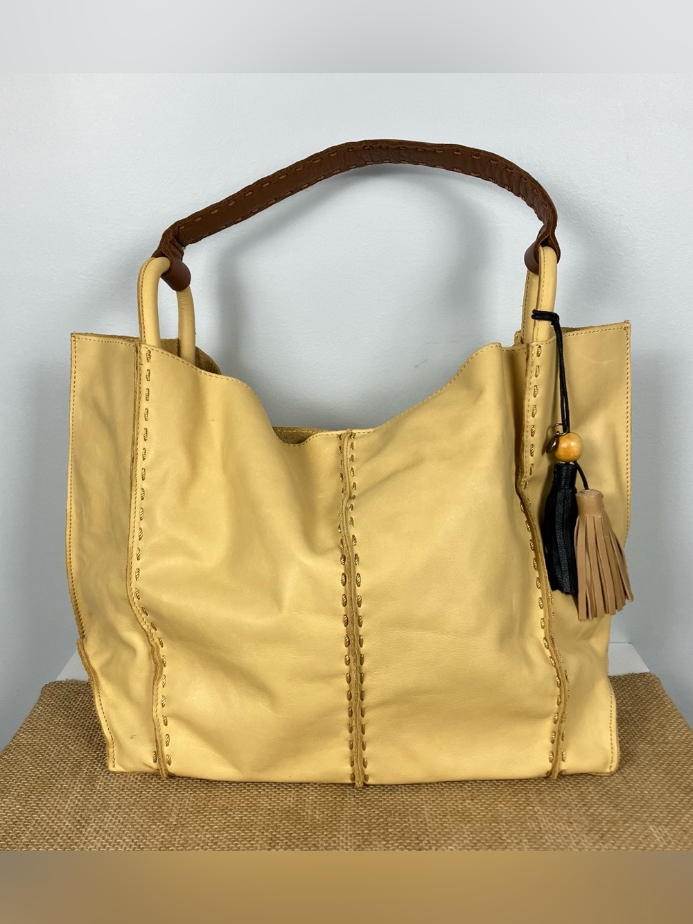 The Sak Los Feliz Large Leather Tote Bag Butter Yellow Shoulder Purse Tassels